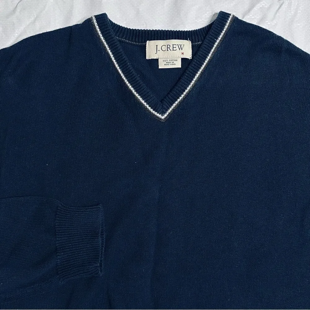 Vintage J.Crew Navy Blue Classic V-Neck Cotton Sweater Size Medium